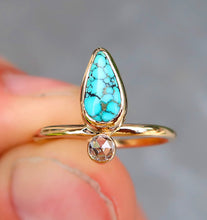 Load image into Gallery viewer, Number 8 mine turquoise and white rosecut diamond ring in 14K solid yellow gold. Size 6.5
