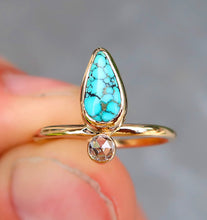 Load image into Gallery viewer, Number 8 mine turquoise and white rosecut diamond ring in 14K solid yellow gold. Size 6.5