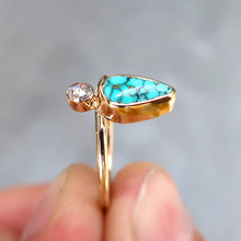 Load image into Gallery viewer, Number 8 mine turquoise and white rosecut diamond ring in 14K solid yellow gold. Size 6.5