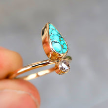Load image into Gallery viewer, Number 8 mine turquoise and white rosecut diamond ring in 14K solid yellow gold. Size 6.5