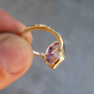 Quartz with Amethyst Hematite inclusions mixed metal 14K yellow gold sterling silver ring. Size 6.75