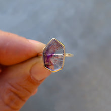 Load image into Gallery viewer, Quartz with Amethyst Hematite inclusions mixed metal 14K yellow gold sterling silver ring. Size 6.75