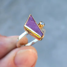 Load image into Gallery viewer, Ruby crystal and salt & pepper rosecut diamond mixed metal 14K yellow gold sterling silver ring. Size 6.5