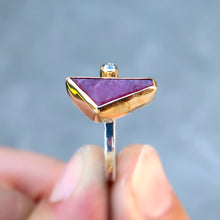 Load image into Gallery viewer, Ruby crystal and salt & pepper rosecut diamond mixed metal 14K yellow gold sterling silver ring. Size 6.5