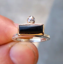 Load image into Gallery viewer, Black onyx and white rosecut diamond mixed metal 14K yellow gold sterling silver ring. Size 6.5