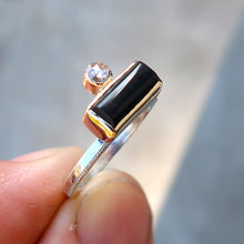 Load image into Gallery viewer, Black onyx and white rosecut diamond mixed metal 14K yellow gold sterling silver ring. Size 6.5