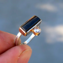 Load image into Gallery viewer, Black onyx and white rosecut diamond mixed metal 14K yellow gold sterling silver ring. Size 6.5