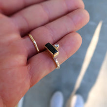 Load image into Gallery viewer, Black onyx and white rosecut diamond mixed metal 14K yellow gold sterling silver ring. Size 6.5