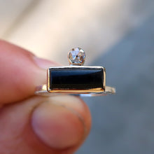 Load image into Gallery viewer, Black onyx and white rosecut diamond mixed metal 14K yellow gold sterling silver ring. Size 6.5