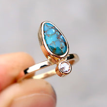 Load image into Gallery viewer, Rare Blue Damele Turquoise and White Rosecut Diamond Ring in 14K solid yellow gold. Size 4.5