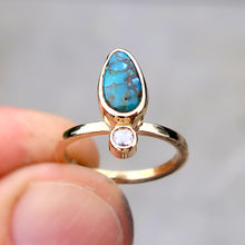 Load image into Gallery viewer, Rare Blue Damele Turquoise and White Rosecut Diamond Ring in 14K solid yellow gold. Size 4.5