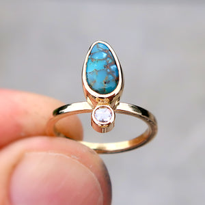 Rare Blue Damele Turquoise and White Rosecut Diamond Ring in 14K solid yellow gold. Size 4.5
