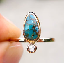 Load image into Gallery viewer, Rare Blue Damele Turquoise and White Rosecut Diamond Ring in 14K solid yellow gold. Size 4.5