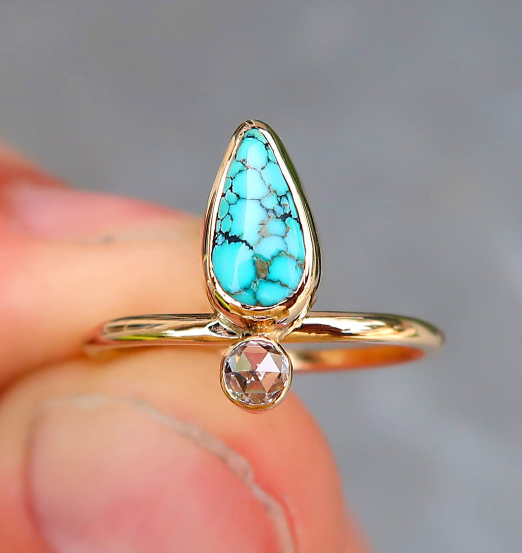 Number 8 mine turquoise and white rosecut diamond ring in 14K solid yellow gold. Size 6.5