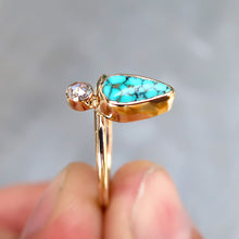 Load image into Gallery viewer, Number 8 mine turquoise and white rosecut diamond ring in 14K solid yellow gold. Size 6.5
