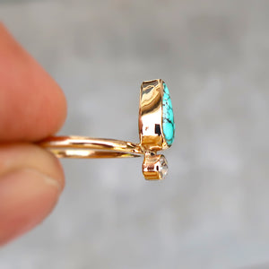Number 8 mine turquoise and white rosecut diamond ring in 14K solid yellow gold. Size 6.5