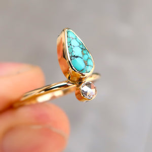 Number 8 mine turquoise and white rosecut diamond ring in 14K solid yellow gold. Size 6.5