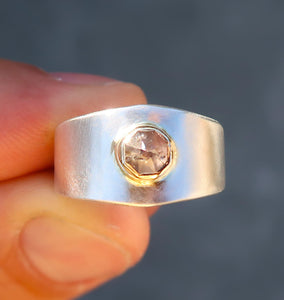 Sapphire mixed metal 14K and sterling silver wide band ring. Size 8