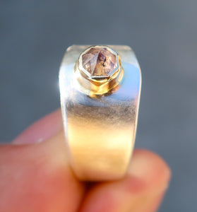 Sapphire mixed metal 14K and sterling silver wide band ring. Size 8