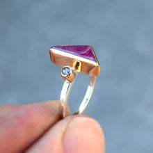 Load image into Gallery viewer, Ruby crystal and salt &amp; pepper rosecut diamond mixed metal 14K yellow gold sterling silver ring. Size 6.5
