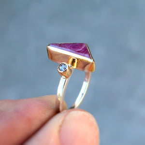Ruby crystal and salt & pepper rosecut diamond mixed metal 14K yellow gold sterling silver ring. Size 6.5