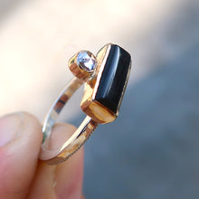 Load image into Gallery viewer, Black onyx and white rosecut diamond mixed metal 14K yellow gold sterling silver ring. Size 6.5
