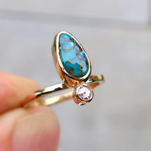 Load image into Gallery viewer, Rare Blue Damele Turquoise and White Rosecut Diamond Ring in 14K solid yellow gold. Size 4.5

