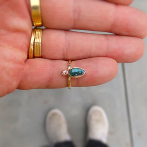 Rare Blue Damele Turquoise and White Rosecut Diamond Ring in 14K solid yellow gold. Size 4.5