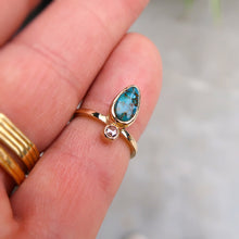 Load image into Gallery viewer, Rare Blue Damele Turquoise and White Rosecut Diamond Ring in 14K solid yellow gold. Size 4.5
