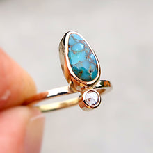Load image into Gallery viewer, Rare Blue Damele Turquoise and White Rosecut Diamond Ring in 14K solid yellow gold. Size 4.5
